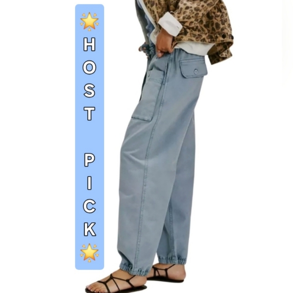 FREE PEOPLE Autumn Sky River Stone Blue Drawstring Utility Cargo Jogger Pants - Picture 1 of 8